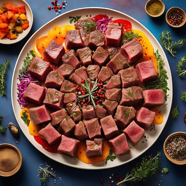 Colorful view of a plate of marinated beef cubes Ai Generated