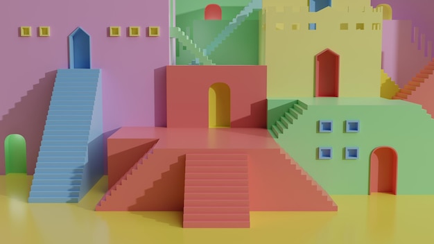 La villa colorata con la scala e le porte visualizzano il gioco per bambini del palco del podio della vetrina del piedistallo del modello per l'illustrazione del rendering 3d della presentazione del prodotto