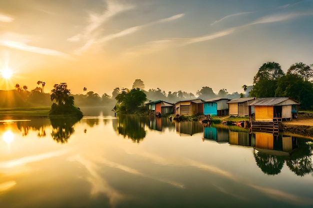 A colorful village by the lake at sunset