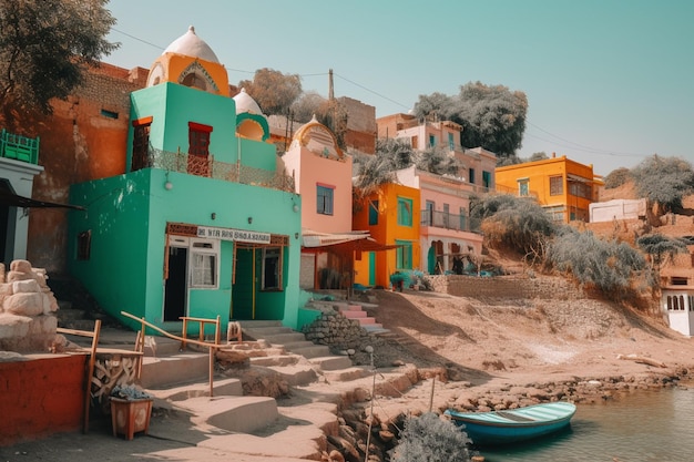 A colorful village with a boat in front of it