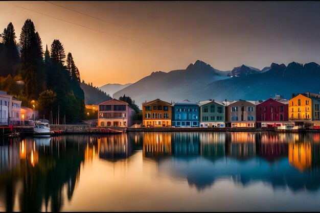 a colorful village with mountains in the background