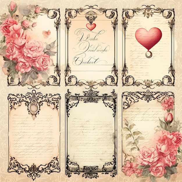Foto colourful vintage amour antique love letter paper distressed wooden fr art decor illustration flat2d