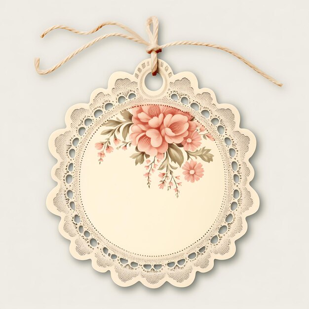 Photo colorful vintage inspired price tag circular shape with lace details creative hang tag collection