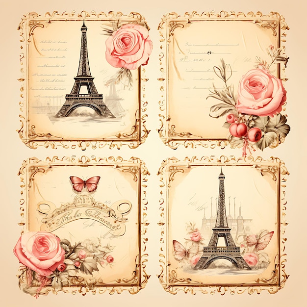 Photo colorful vintage parisian love letter aged parchment paper material o art decor illustration flat2d
