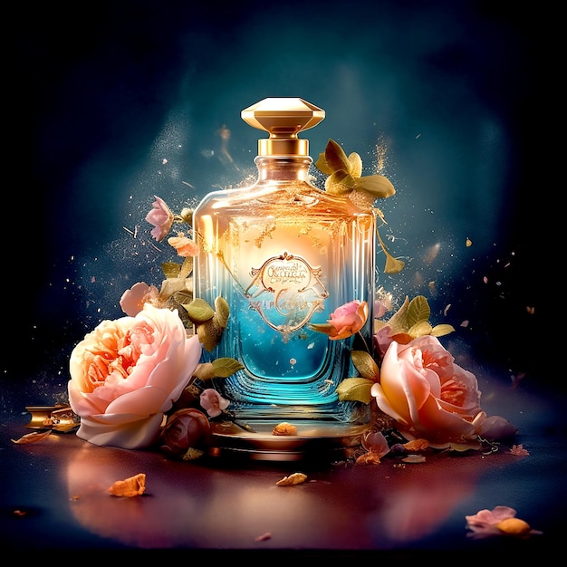 A colorful vintage royal perfume bottle with floral decoration on a dark background