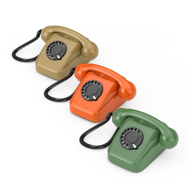 흰색 배경 3d 렌더링에 다채로운 빈티지 스타일 로타리 전화