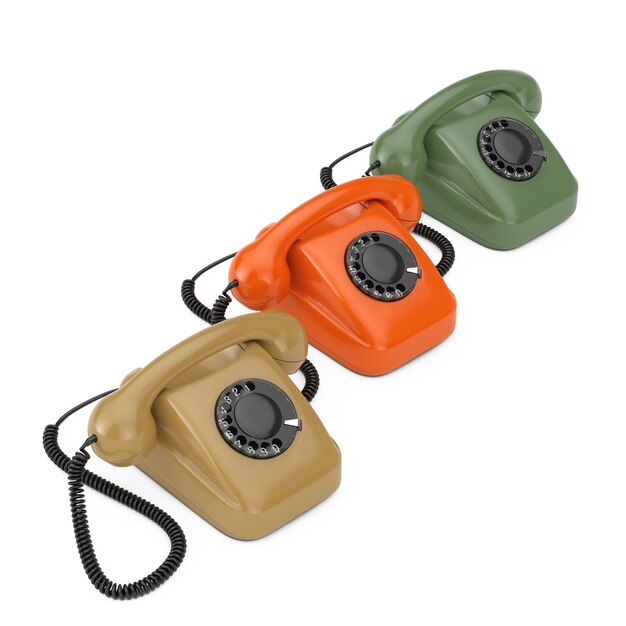 Colorful Vintage Styled Rotary Phones on a white background 3d Rendering