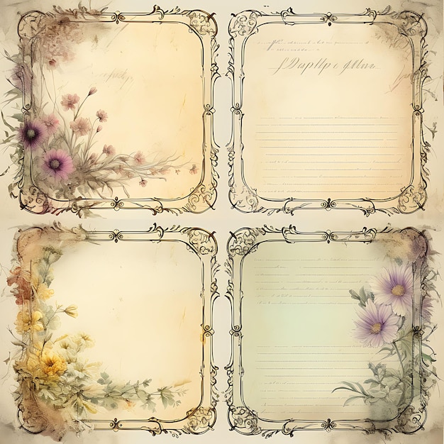 Colorful Vintage Whispers Faded Parchment Paper Vintage Brass Frame N Art Decor illustration flat2D