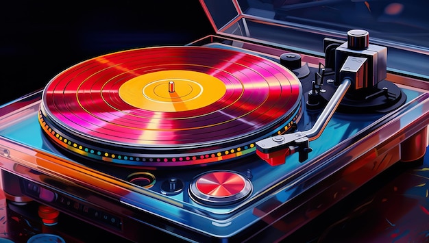 A colorful vinyl player with a multicolored record