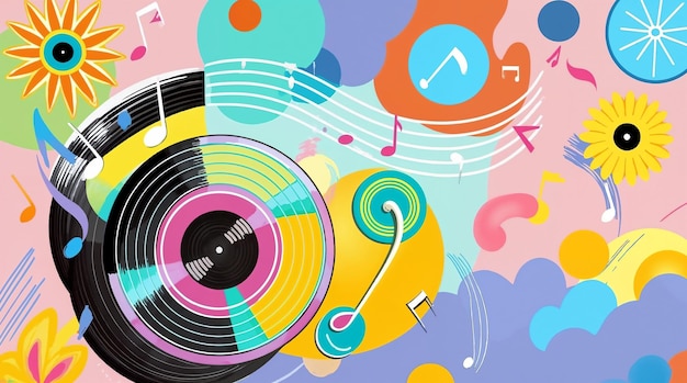 Colorful Vinyl Record Illustration with Musical Notes and Floral Elements