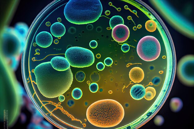 Photo colorful viruses in petri dish macro illustration created using ai tools