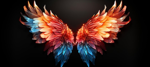 Colorful Vivid glowing angel feather wings on dark for photography