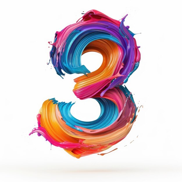 Photo colorful volumetric brush strokes floating in the air in a shape of number 3 3d style isolated