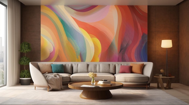 a colorful wall mural with a colorful background with a couch and a coffee table