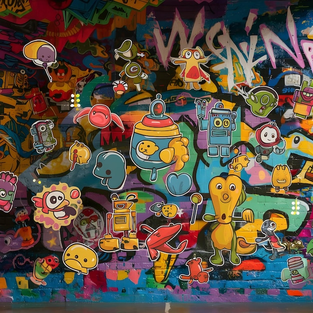 a colorful wall with a bunch of robots