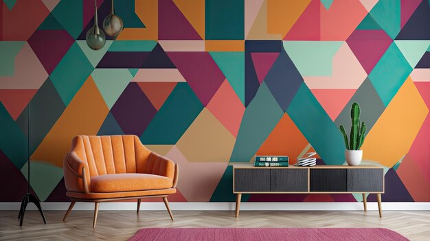 a colorful wall with a colorful background and a chair.