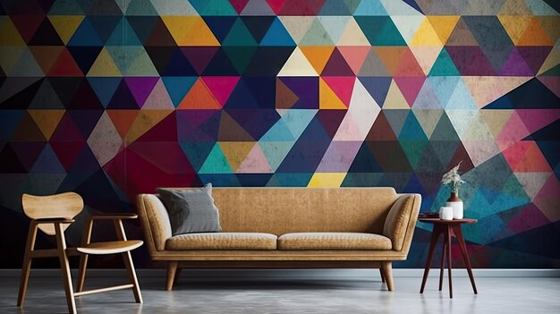 a colorful wall with a couch and chairs.