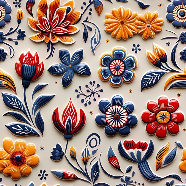 a colorful wall with flowers and a blue flower