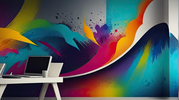 a colorful wall with a laptop and a colorful background