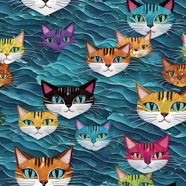 a colorful wall with many cats on it