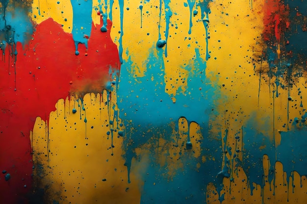 A colorful wall with a red and blue splash of paint
