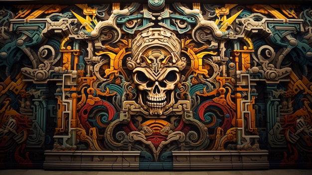 a colorful wall with a skull and a cross on it