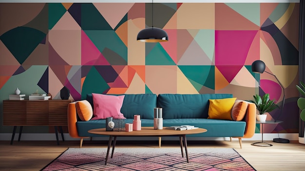 colorful wallpaper in a living room with a colorful wallpaper.