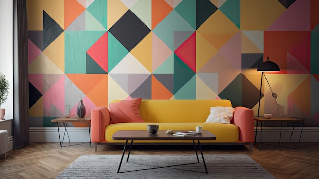 colorful wallpaper in a living room with a yellow sofa and a coffee table.