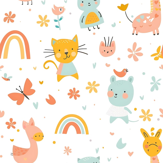 a colorful wallpaper with a bunny and butterflies