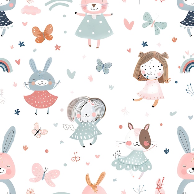 ウサギと蝶の色鮮やかな壁紙