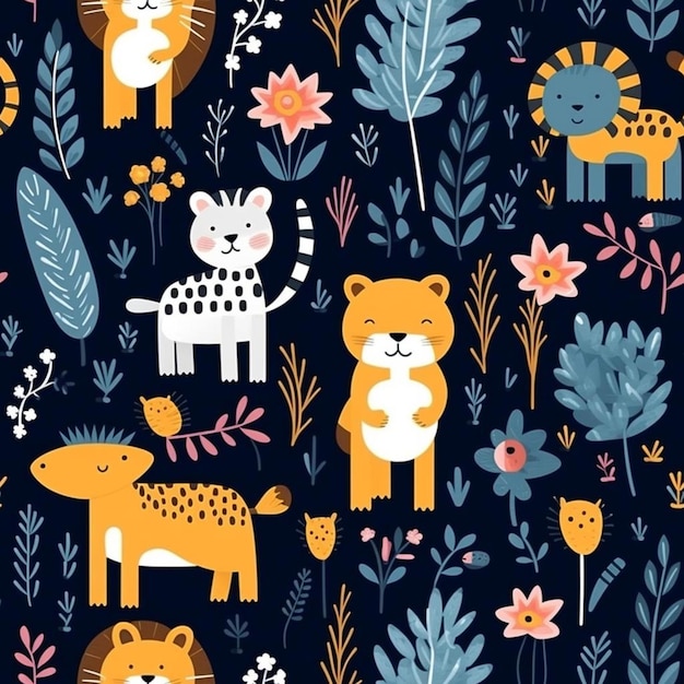 A colorful wallpaper with cats and flowers.