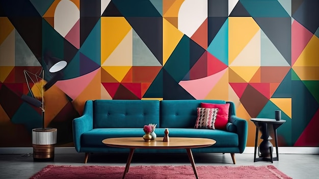 a colorful wallpaper with a coffee table and a coffee table.