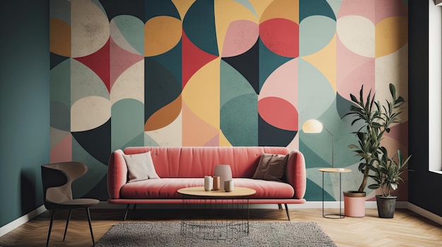 a colorful wallpaper with a colorful background and a round table.