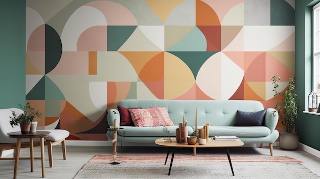 a colorful wallpaper with a colorful background with a couch and a coffee table.