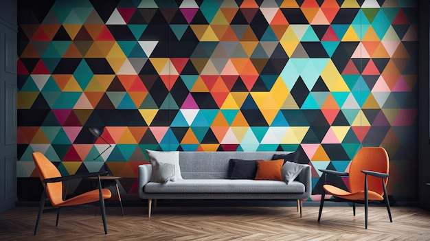 a colorful wallpaper with a couch and chairs.