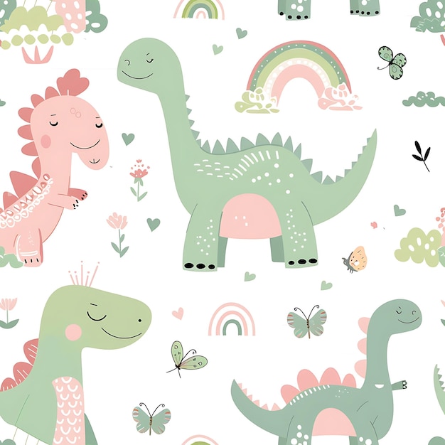 Photo a colorful wallpaper with different dinosaurs and flowers