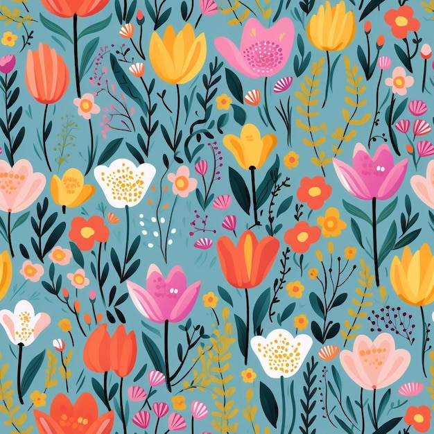 A colorful wallpaper with flowers and butterflies.