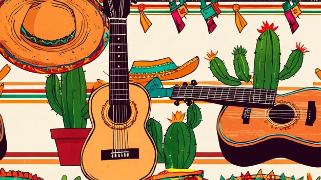 a colorful wallpaper with a guitar and cactus