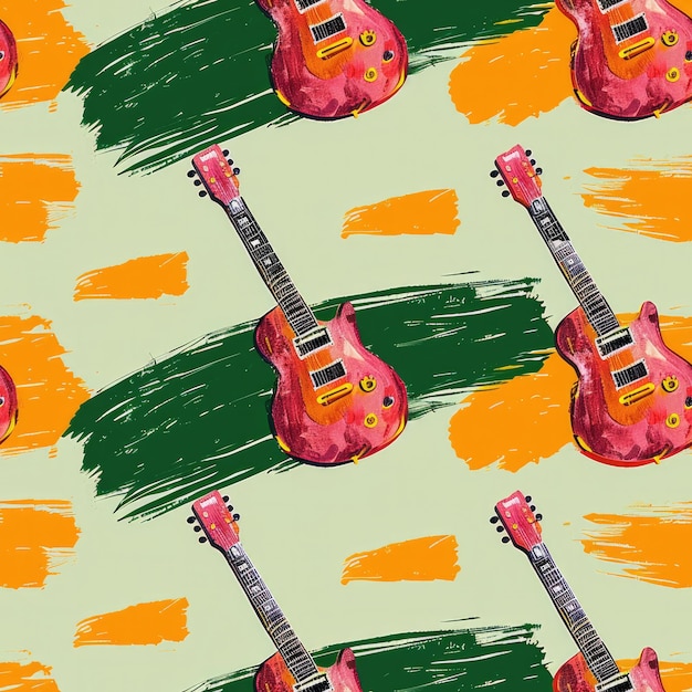 a colorful wallpaper with a guitar and a green background