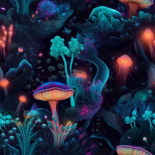 A colorful wallpaper with a mushroom and a bunch of mushrooms