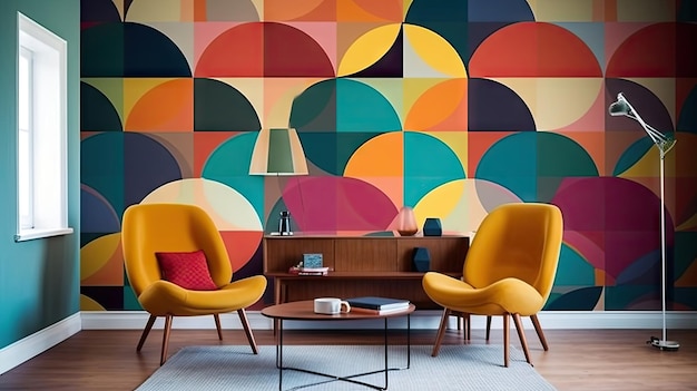 a colorful wallpaper with orange and yellow chairs and a colorful wallpaper.