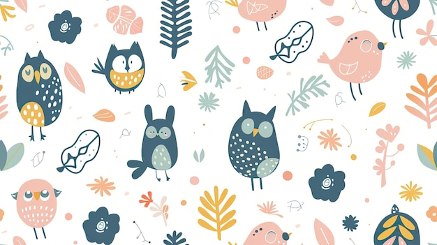 a colorful wallpaper with owls and trees