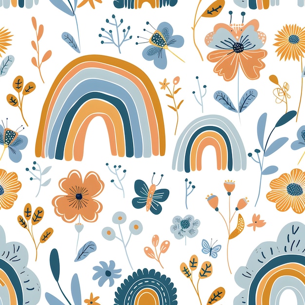 a colorful wallpaper with a rainbow and butterflies