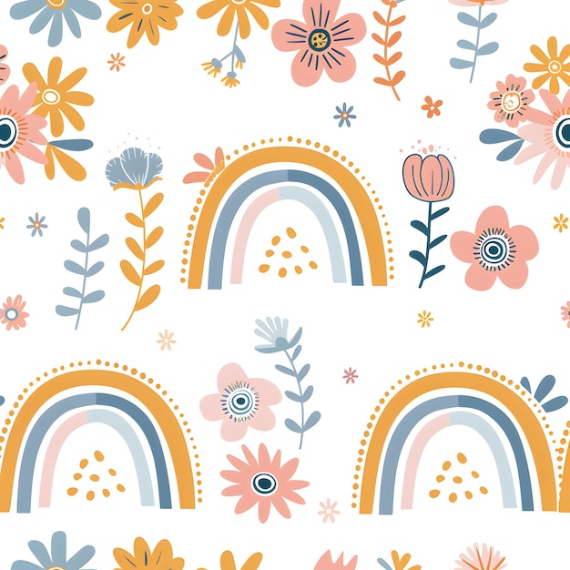 a colorful wallpaper with rainbows and flowers
