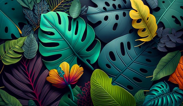 A colorful wallpaper with a tropical plant and flowers.