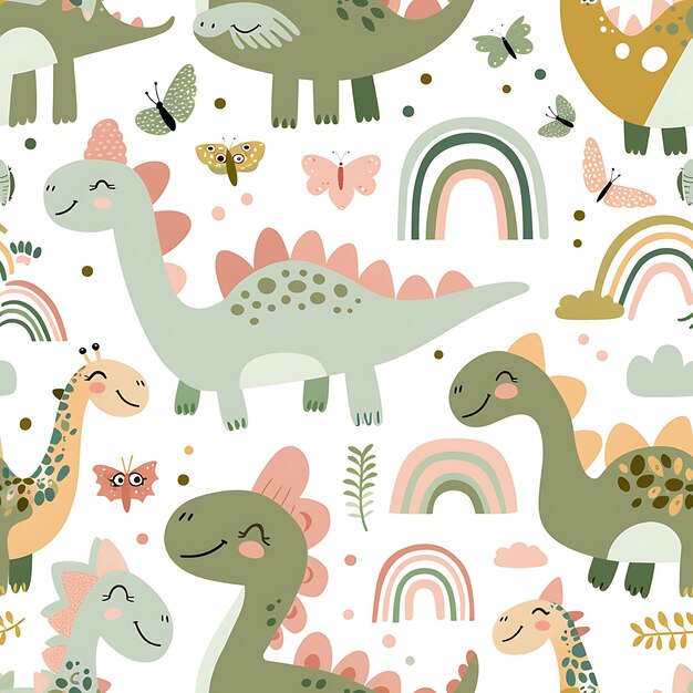 Photo a colorful wallpaper with a variety of dinosaurs and butterflies