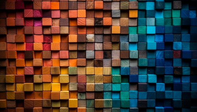 A colorful wallpaper with a wooden block pattern.