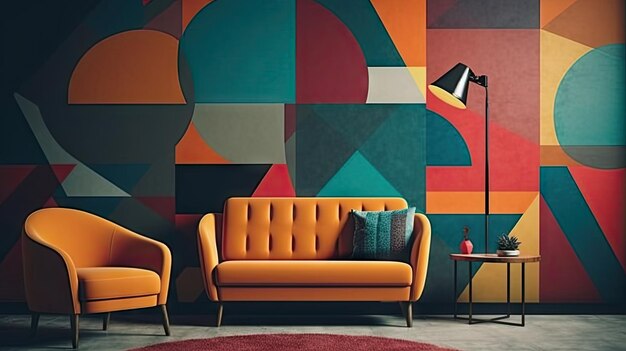 a colorful wallpaper with a yellow chair and a coffee table.