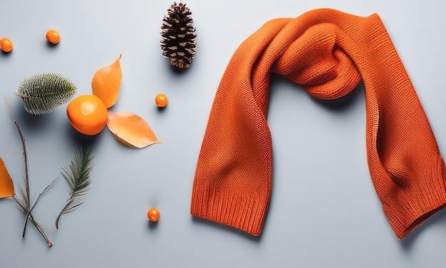 写真 カラフルな暖かいスカーフとハーブの要素 フラットレイトップビュー 秋の色