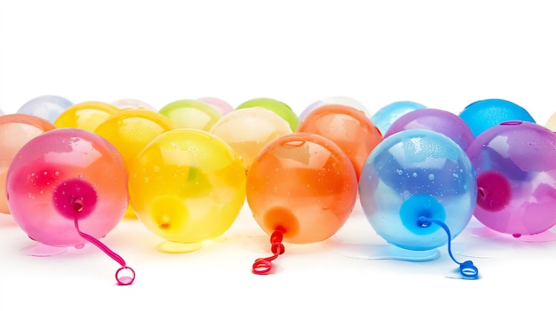 Colorful water balloons with water droplets white background